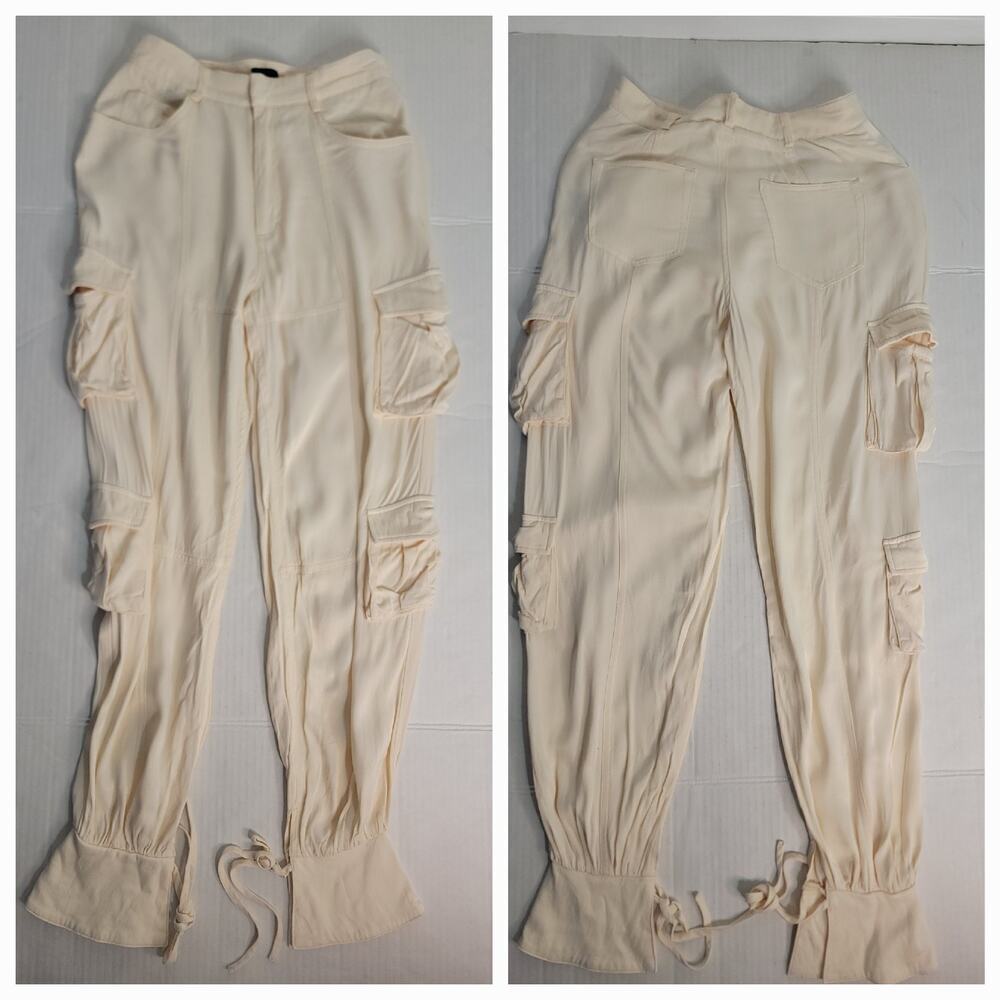 NBD Satin Cargo Pants Womens SZ Small Tie Hem Bow High Rise Ivory Drapey